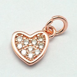 Rose Gold Heart Brass Micro Pave Cubic Zirconia Charms, Cadmium Free & Nickel Free & Lead Free, Rose Gold, 8x6x1mm, Hole: 2mm