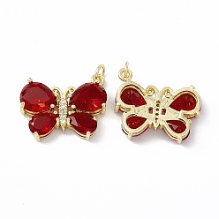 Red Rack Plating Brass Micro Pave Cubic Zirconia Pendants, Real 18K Gold Plated, Long-Lasting Plated, Cadmium Free & Lead Free, Butterfly, Red, 19x23x6mm, Jump Ring: 5x1mm, Inner Diameter: 3mm