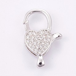 Platinum Brass Micro Pave Cubic Zirconia Lobster Claw Clasps, Long-Lasting Plated, Platinum, 20x13x5mm, Hole: 2x2.5mm