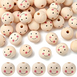 PapayaWhip Natural Wood Beads, Large Hole Beads, Round with Smile Face, PapayaWhip, 24~25x23.5mm, Hole: 5.5mm, about 100pcs/500g