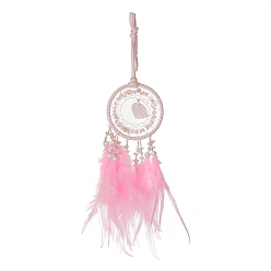 Rose Quartz Iron Natural Rose Quartz Woven Web/Net with Feather Pendant Decorations, with Wood Beads, Covered with Cotton Lace and Villus Cord, Flat Round, 490~550x81~82x5~20mm