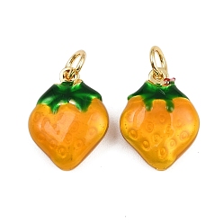Оранжевый Кулоны с фруктами из латуни с эмалью, клубника прелести, с прыжковых колец, золотые, стойки покрытие, без кадмия и без свинца, долговечный, оранжевые, 15.5x12x4.5 мм, отверстие : 3 мм