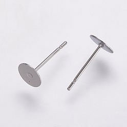 Stainless Steel Color 304 Stainless Steel Stud Earring Settings, Flat Pad Earring Post, Flat Round, Stainless Steel Color, Tray: 6mm, 12x6mm, Pin: 0.7mm