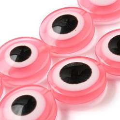 Hot Pink Resin Imitation Lampwork Beads Strands, Flat Round with Evil Eye, Hot Pink, 20x9mm, Hole: 1.4mm, about 20pcs/strand, 15.94 inch(40.5cm)
