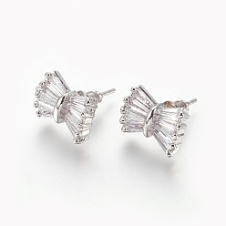 Platinum Cubic Zirconia Stud Earrings, with Brass Findings, Bowknot, Clear, Platinum, 10.5x13.5x3.5mm, Pin: 0.8mm