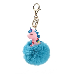 Dark Turquoise Cute Unicorn PVC & Imitate Rex Rabbit Fur Ball Keychain, with Alloy Clasp, for Bag Car Key Decoration, Dark Turquoise, 16.8~16.9cm