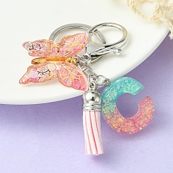 Letter C Resin & Acrylic Keychains, with Alloy Split Key Rings and Faux Suede Tassel Pendants, Letter & Butterfly, Letter C, 8.6cm
