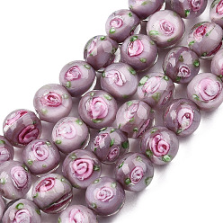 Rosy Brown Handmade Lampwork Beads Strands, Round with Flower, Rosy Brown, 9.5mm, Hole: 1.5mm, about 50pcs/strand, 18.90 inch(48cm)