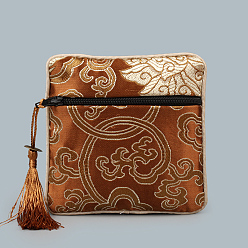 Saddle Brown Chinese Style Square Cloth Zipper Pouches, with Random Color Tassels and Auspicious Clouds Pattern, Saddle Brown, 12~13x12~13cm