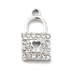 Crystal Alloy Rhinestone Pendants, Platinum Tone Lock with Hollow Out Heart Charms, Crystal, 21x11x3mm, Hole: 2.2mm