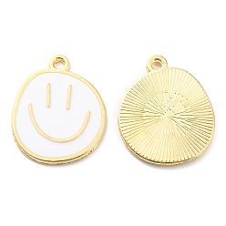 White Alloy Enamel Pendants, Golden, Flat Round with Smiling Face Charm, White, 24.5x20x1.5mm, Hole: 2mm