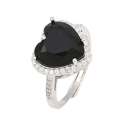 Black Heart Brass Micro Pave Cubic Zirconia Cuff Open Rings for Women, with Glass, Cadmium Free & Lead Free, Rack Plating, Platinum, Black, 18mm