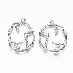 Real Platinum Plated Brass Pendants, Leafy Branches, Nickel Free, Real Platinum Plated, 30~31x22~24x3mm, Hole: 1.8mm