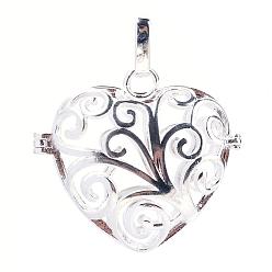 Silver Rack Plating Brass Cage Pendants, For Chime Ball Pendant Necklaces Making, Hollow Heart, Silver Color Plated, 31x33x15.5mm, Hole: 3x7mm, inner measure: 22x26mm