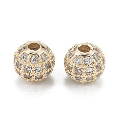 Real 14K Gold Plated Brass Micro Pave Clear Cubic Zirconia Beads, Long-Lasting Plated, Round, Real 14K Gold Plated, 6mm, Hole: 1.4mm