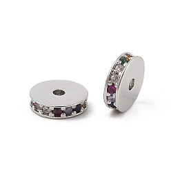 Разноцветный Стойки обшивки латунь микро проложить кубического циркония бусы, долговечный, без свинца и без кадмия, Плоский круглый / диск, Реальная платина, красочный, 8x2.3 мм, отверстие : 1.2 мм