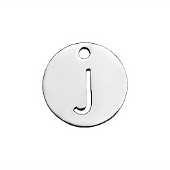 Letter J 201 Stainless Steel Charms, Flat Round with Letter, Stainless Steel Color, Letter.J, 12x1mm, Hole: 1.5mm