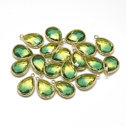 Green Glass Pendants, with Golden Tone Brass Findings, Faceted, teardrop, Green, 23x15x7mm, Hole: 1.5~2mm