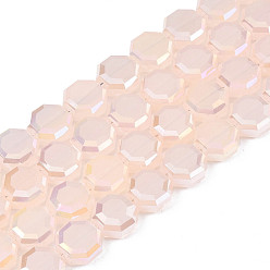 Misty Rose Electroplate Opaque Solid Color Glass Beads Strands, AB Color Plated, Half Plated, Faceted, Octagon, Misty Rose, 7~8x7~8x4mm, Hole: 1.2mm, about 72pcs/strand, 20.47 inch(52cm)