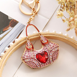 Light Rose Heart Rhinestone Hand Bag Keychains, KC Gold Plated Alloy Enamel Charm Keychain, Light Rose, 6.5x5.5cm