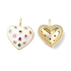 White Real 16K Gold Plated Brass Micro Pave Colorful Cubic Zirconia Pendants, with Enamel, Heart Charms, White, 17x14x3.5mm, Hole: 3.5x1.5mm