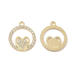 Light Gold Alloy Crystal Rhinestone Pendants, Ring Charms with Heart, Nickel, Light Gold, 21x17.5x1.5mm, Hole: 2mm