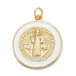 Белый Латунь эмаль подвески, реальный 18 k позолоченный, долговечный, подвески медали святого бенедикта, золотые, белые, 23.5x20.5x2 мм, отверстие : 3 мм, Перейти кольцо: 5x0.8 мм