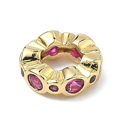 Темно-Розовый Латунные микро проложить Цирконий Европейский бисером, бусины с большим отверстием, плоско-круглые, стойки покрытие, долговечный, без кадмия и без свинца, реальный 18 k позолоченный, темно-розовыми, 10x3 мм, отверстие : 4.8 мм