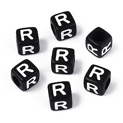 Letter R Начальные акриловые бусины с горизонтальной дырочкой, кубические, чёрные, Буква R, 6x6x6 мм, отверстие : 3.5 мм, 3330 шт / 500 г