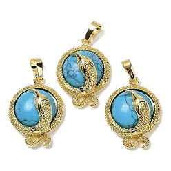 Синтетическая Бирюза Синтетическая бирюза плоские круглые латунные подвески, стойки покрытие, без кадмия и без свинца, золотые, 29.5x21.5x9.5~11 мм, отверстие : 7.5x4.5 мм