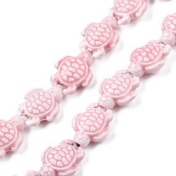 Pink Handmade Porcelain Ceramic Beads Strands, Famille Rose Style, Tortoise, Pink, 19.5x15x8mm, Hole: 1.8mm, about 17~18pcs/strand, 11.42~12.24 inch(29~31.1cm)