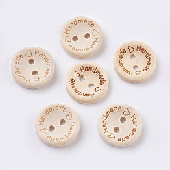 Blanched Almond Wooden Buttons, 2-Hole, with Word, Flat Round with Word Handmade, Blanched Almond, 15x3~3.5mm, Hole: 2mm