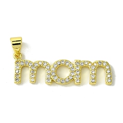 Clear Mother's Day Real 18K Gold Plated Brass Micro Pave Cubic Zirconia Pendants, Word Mom, Clear, 11x31x2mm, Hole: 5x3.5mm