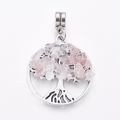Rose Quartz Alloy European Dangle Charms, with Natural Rose Quartz Chips, Flat Round with Tree, Antique Silver, 38mm, Hole: 4mm, 28x25x4~5mm
