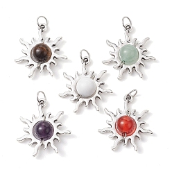Mixed Stone Natural Mixed Stone Round Pendants, Tibetan Style Alloy Sun Charms with 304 Stainless Steel Jump Rings, Antique Silver, 26.5x24x9mm, Hole: 5mm