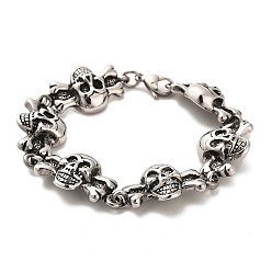 Antique Silver 304 Stainless Steel Skull Link Chain Bracelets, Antique Silver, 8-3/8 inch(21.2cm)