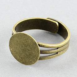 Antique Bronze Brass Pad Ring Settings, Adjustable, Flat Round, Antique Bronze, Tray: 14mm, 18mm