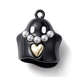 Black Halloween Spray Painted Alloy Pendants, with Plastic Pearls, Ghost Charm, Black, 24x20x16mm, Hole: 2mm