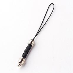 Black Nylon Cord Loops for Mobile Phone Straps, with Brass Finding, Platinum, Black, 75x5.5mm, Hole: 1.7mm