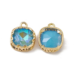 Blue Zircon Square K9 Glass Charms, Faceted, with Light Gold Tone Brass Edge, Blue Zircon, 15x12x4.5mm, Hole: 1.8mm