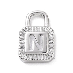Letter N Eco-friendly Rack Plating Brass Pendants, Cadmium Free & Lead Free, Long-Lasting Plated, Lock with Alphabet, Platinum, Letter.N, 15x10x3mm, Hole: 3.5x4mm