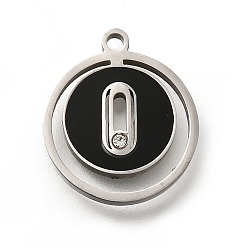 Нержавеющая Сталь Цвет 304 из нержавеющей стали плоским круглые подвески, с пластиковой имитацией ракушки и стразами, чёрные, цвет нержавеющей стали, 17x15x1.7 мм, отверстие : 1.6 мм