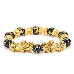 Pixiu Bracelet-01 Black Obsidian Six-Word Mantra Bracelet with Golden Pixiu Bead Buddhist Prayer Beads Gift Handmade Jewelry