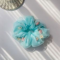 Lake green Floral Double-layer Ponytail Holder for Girls with Chiffon Large Intestine Hair Accessories.