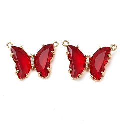FireBrick Brass Pave Faceted Glass Connector Charms, Golden Tone Butterfly Links, FireBrick, 17.5x23x5mm, Hole: 0.9mm