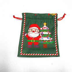 Dark Green Christmas Printed Cloth Drawstring Bags, Rectangle Gift Storage Pouches, Christmas Party Supplies, Dark Green, 18x16cm