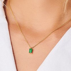 Green Birthstone Style Cubic Zirconia Rectangle Pendant Necklaces, Golden Titanium Steel Necklace, Green, 15.75 inch(40cm)