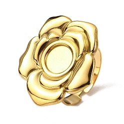 Real 18K Gold Plated Adjustable 304 Stainless Steel Open Cuff Ring Components, Bezel Cup Ring Settings, Flower, Ion Plating(IP), Real 18K Gold Plated, Tray: 8mm, Inner Diameter: 18mm, Flower: 24.5x27mm