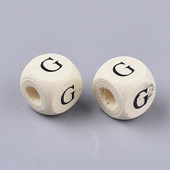 Letter G Printed Natural Wood Beads, Horizontal Hole, Cube with Initial Letter, PapayaWhip, Letter.G, 10x10x10mm, Hole: 3.5mm, about 1000pcs/500g