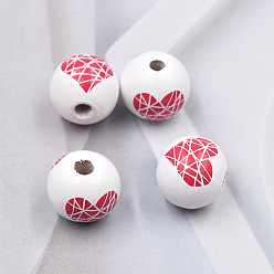 White Valentine's Day Theme Printed Wood European Beads, Large Hole Beads, Round with Heart Pattern, White, 16mm, Hole: 4mm